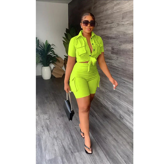Button-Up Shirt Top Short Matching Streetwear Two Piece Set for Women