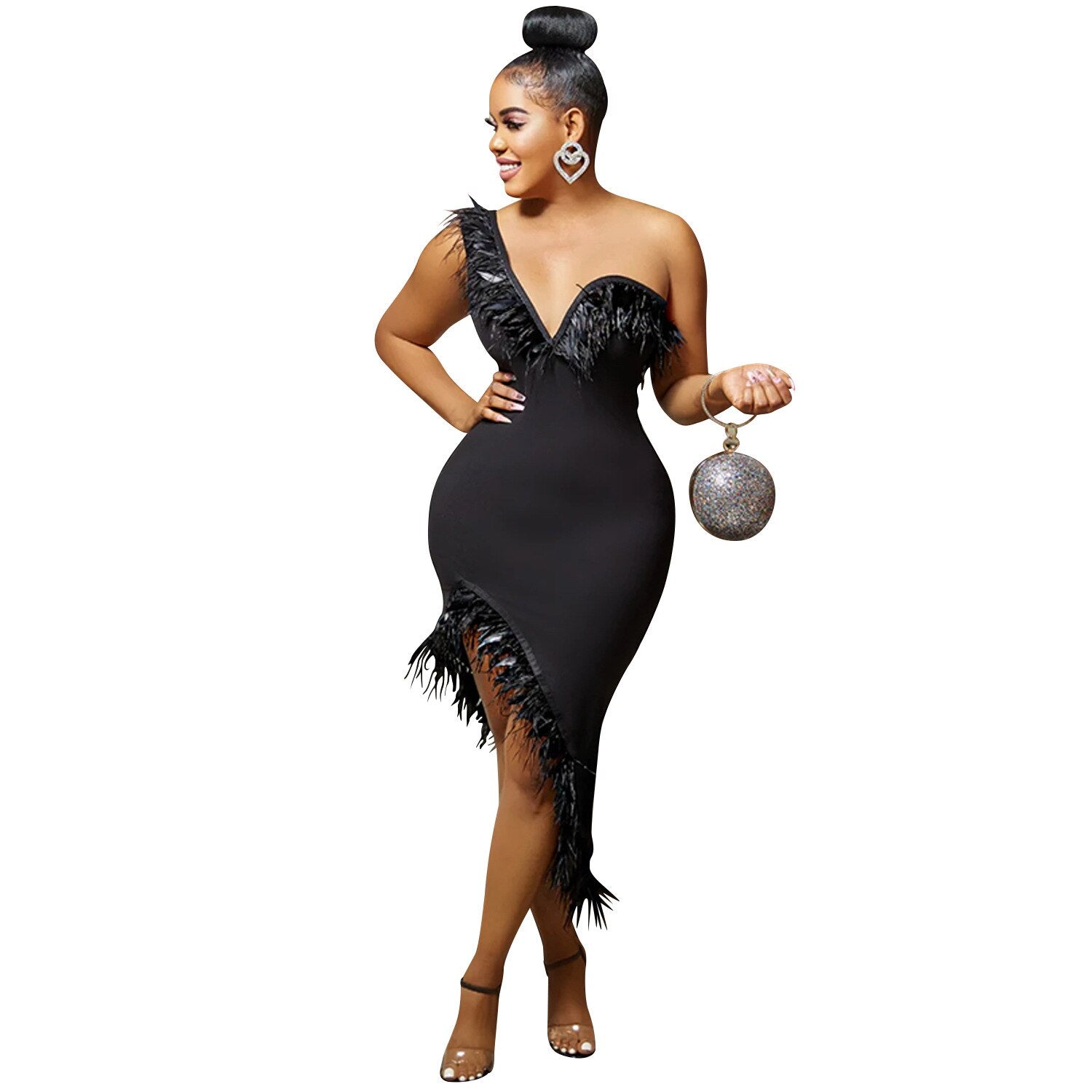 Nhimax One Shoulder Mini Dress with Feather Detail
