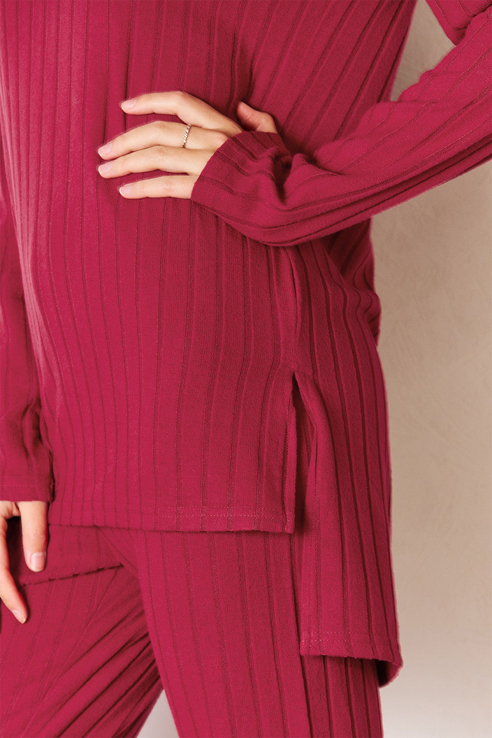 Two-piece Full Size Ribbed Round Neck High-Low Slit Top and Pants Set