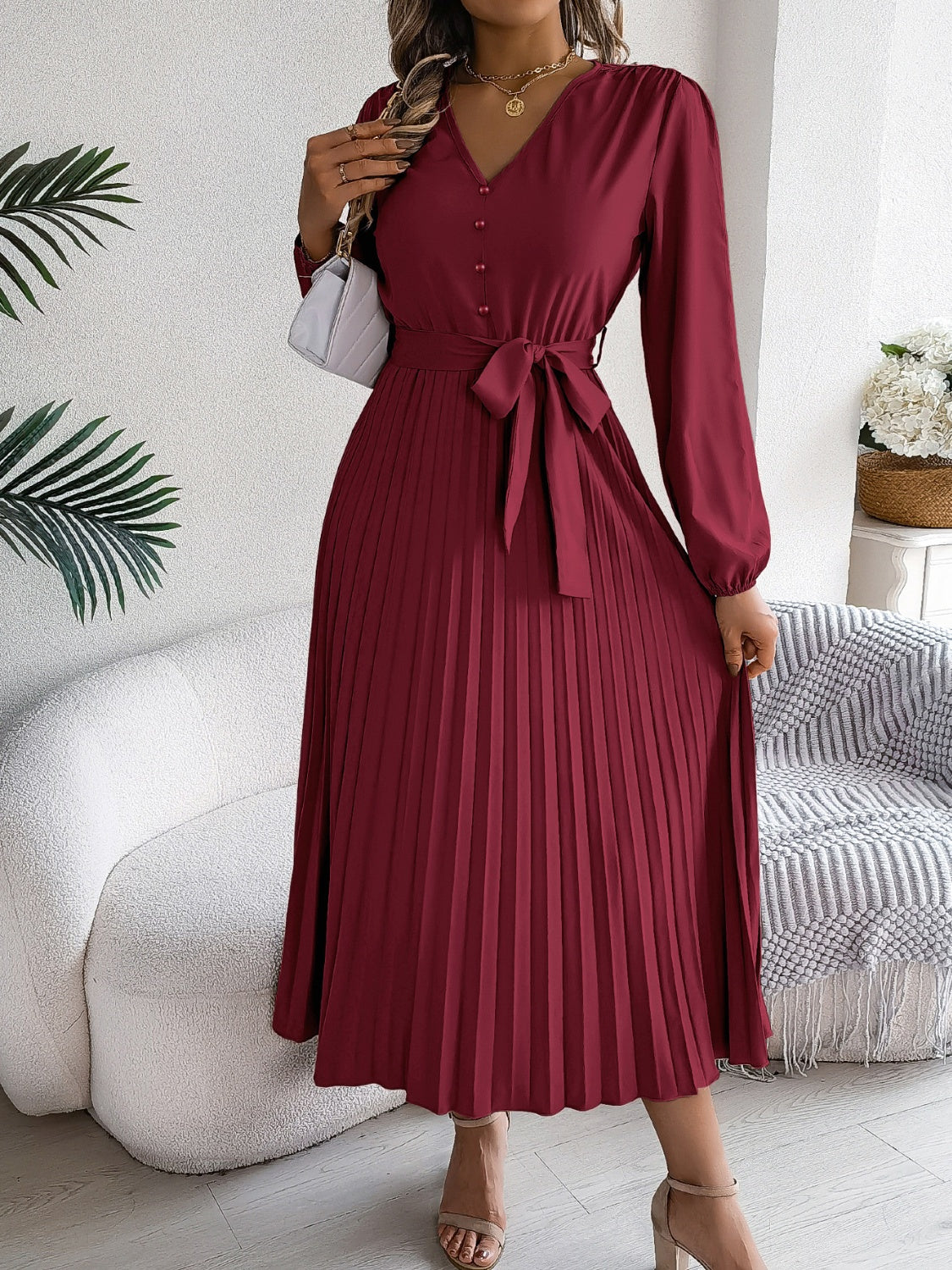 Women Pleated Tied V-Neck Long Sleeve Dress