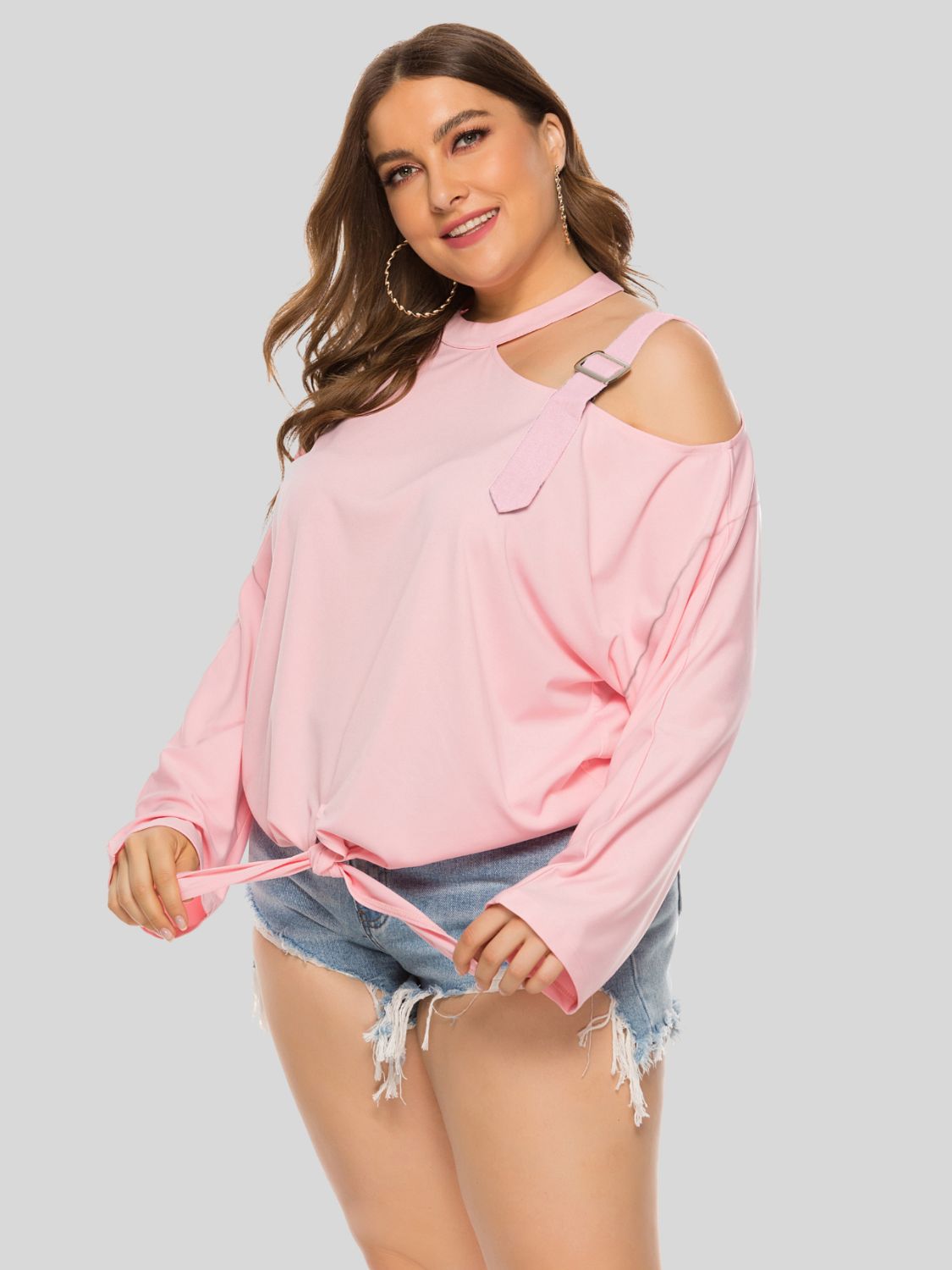 Plus Size Cold-Shoulder Blouse Tied Top Long Sleeve Women Casual Wear