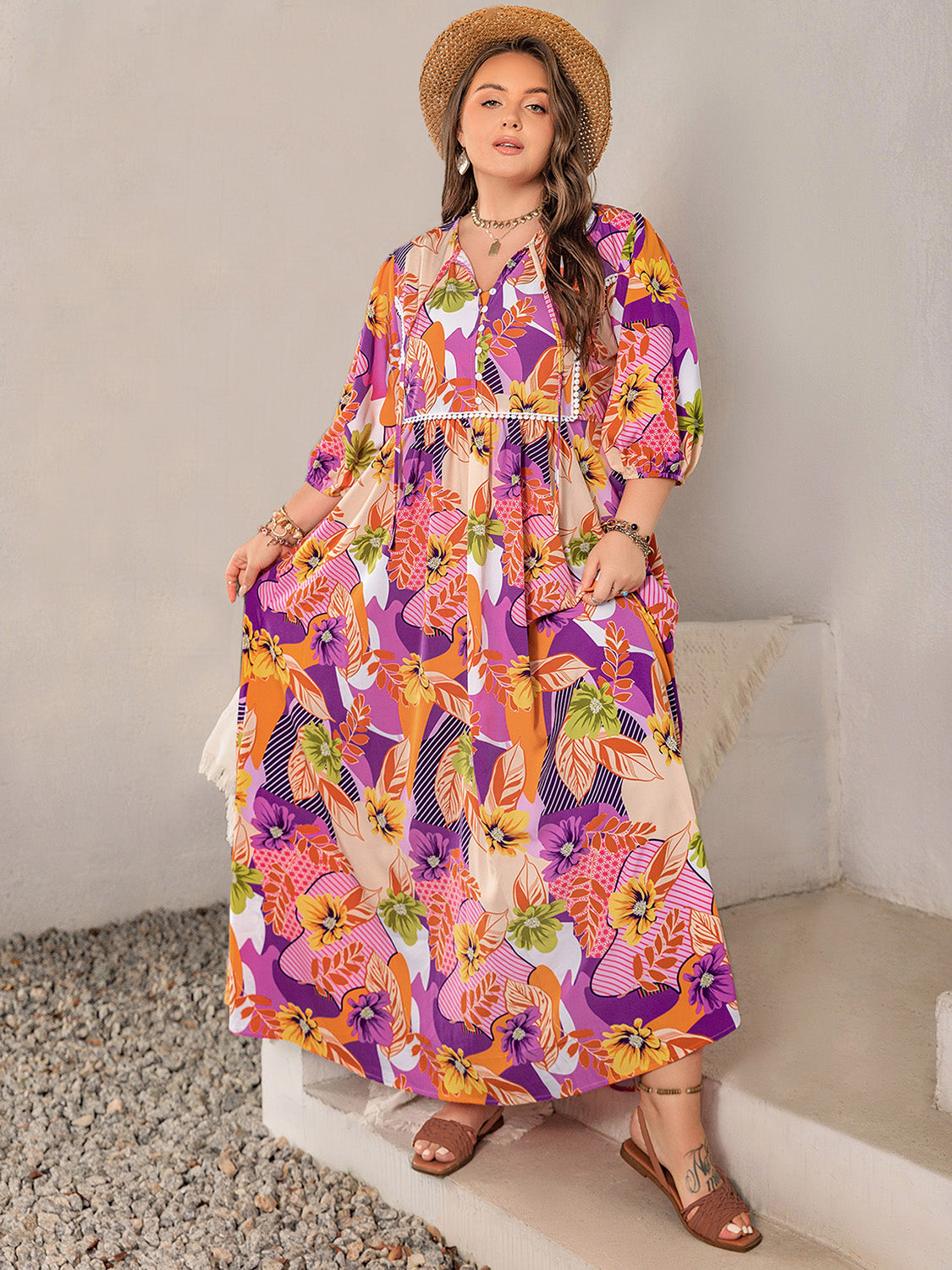 Women's Clothing Plus Size Printed Tie Neck Maxi Dress