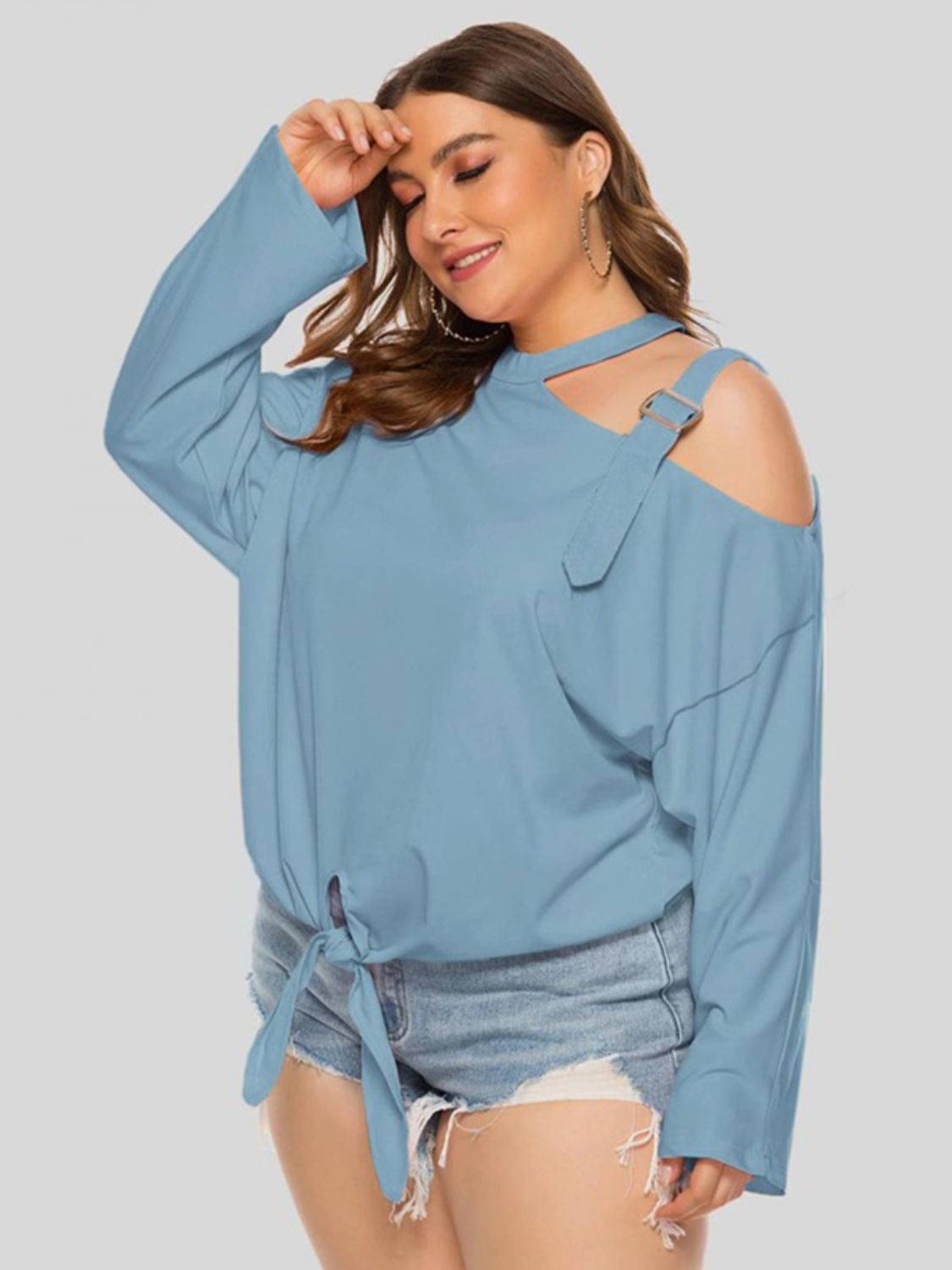 Plus Size Cold-Shoulder Blouse Tied Top Long Sleeve Women Casual Wear