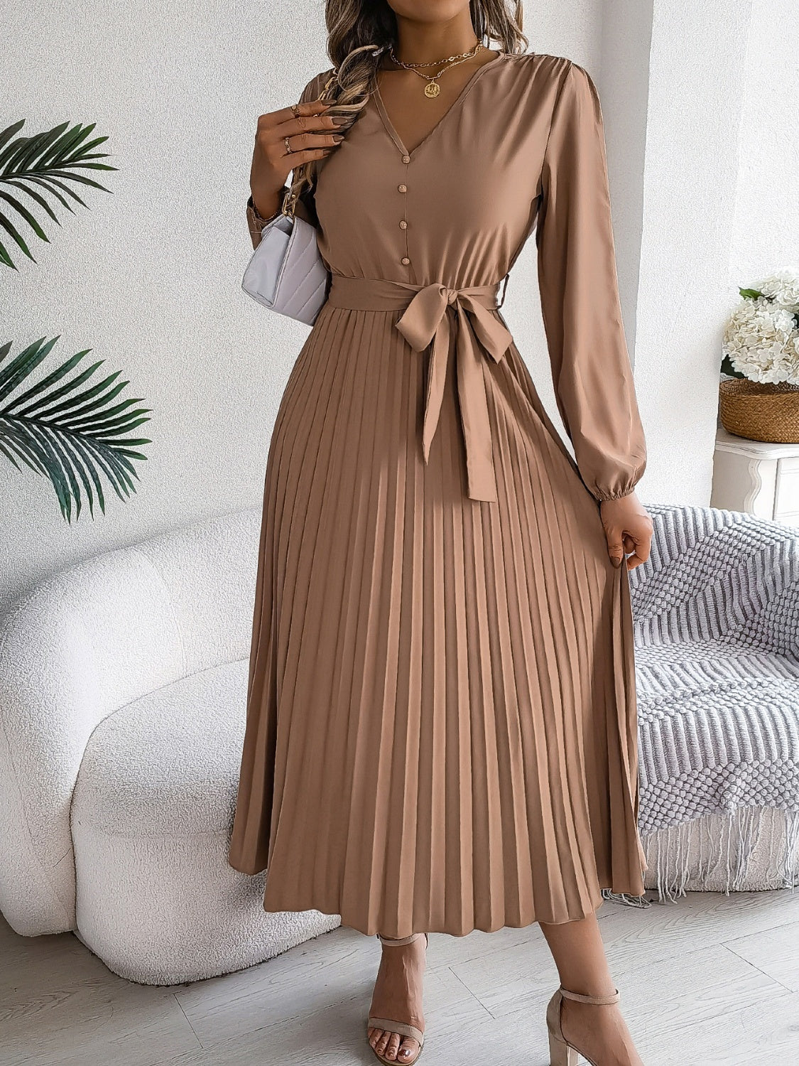 Women Pleated Tied V-Neck Long Sleeve Dress