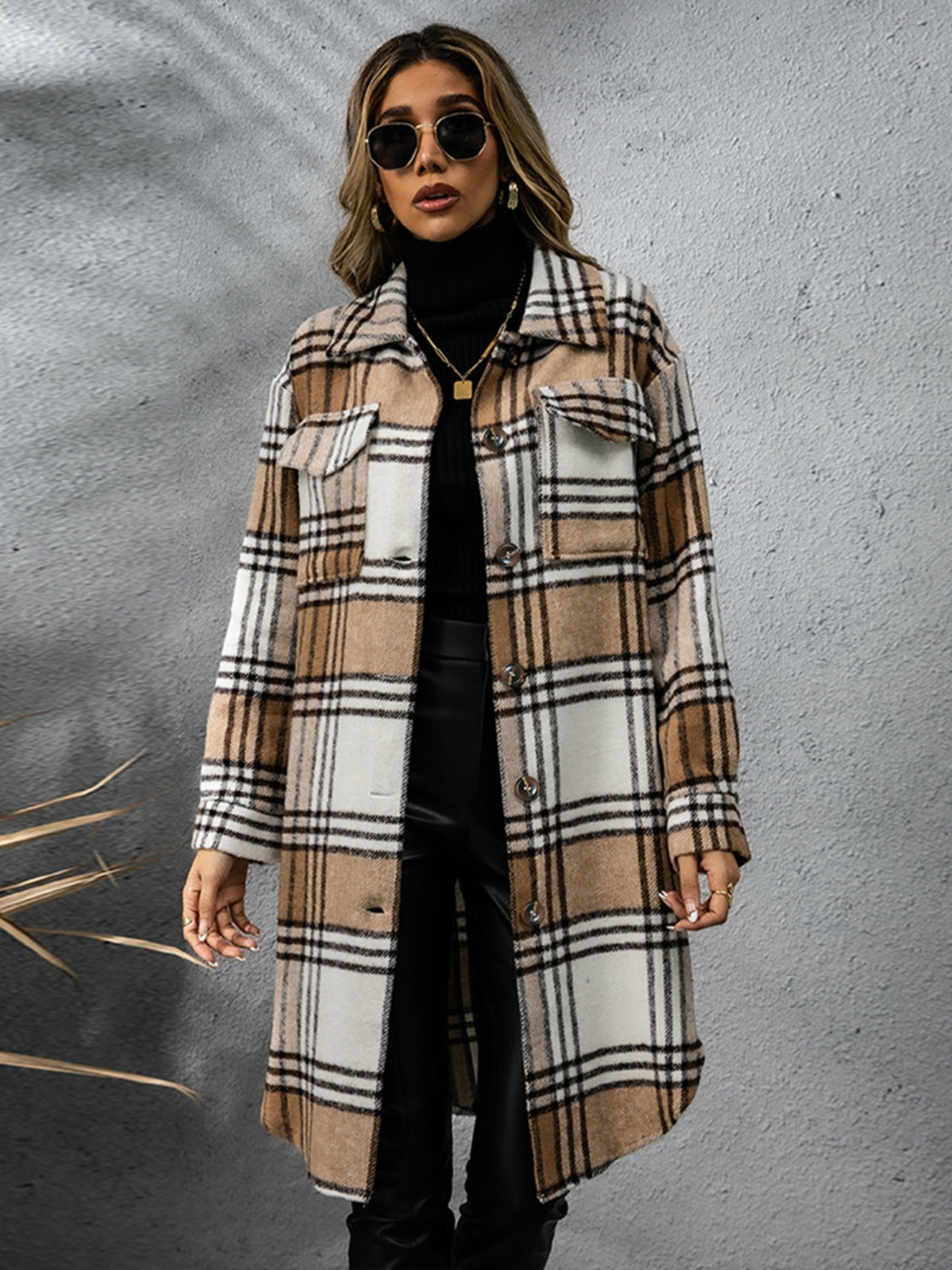 Women Classic Plaid Collared Neck Long Sleeve Stylish Coat Dress