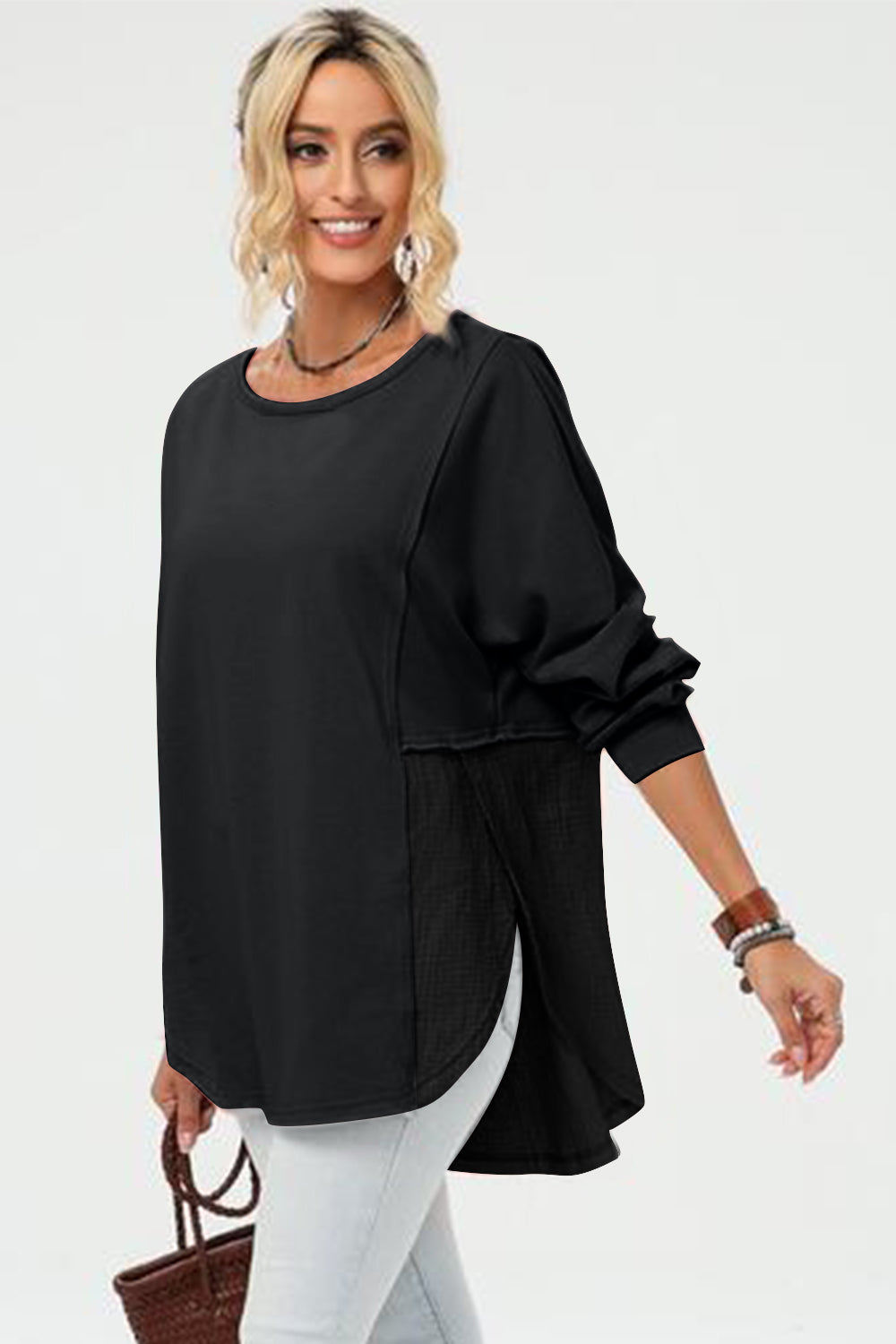 Full Size Lady Casual Long Sleeve High-Low T-Shirt Dress