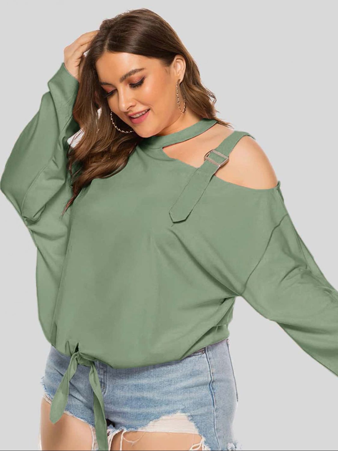 Plus Size Cold-Shoulder Blouse Tied Top Long Sleeve Women Casual Wear