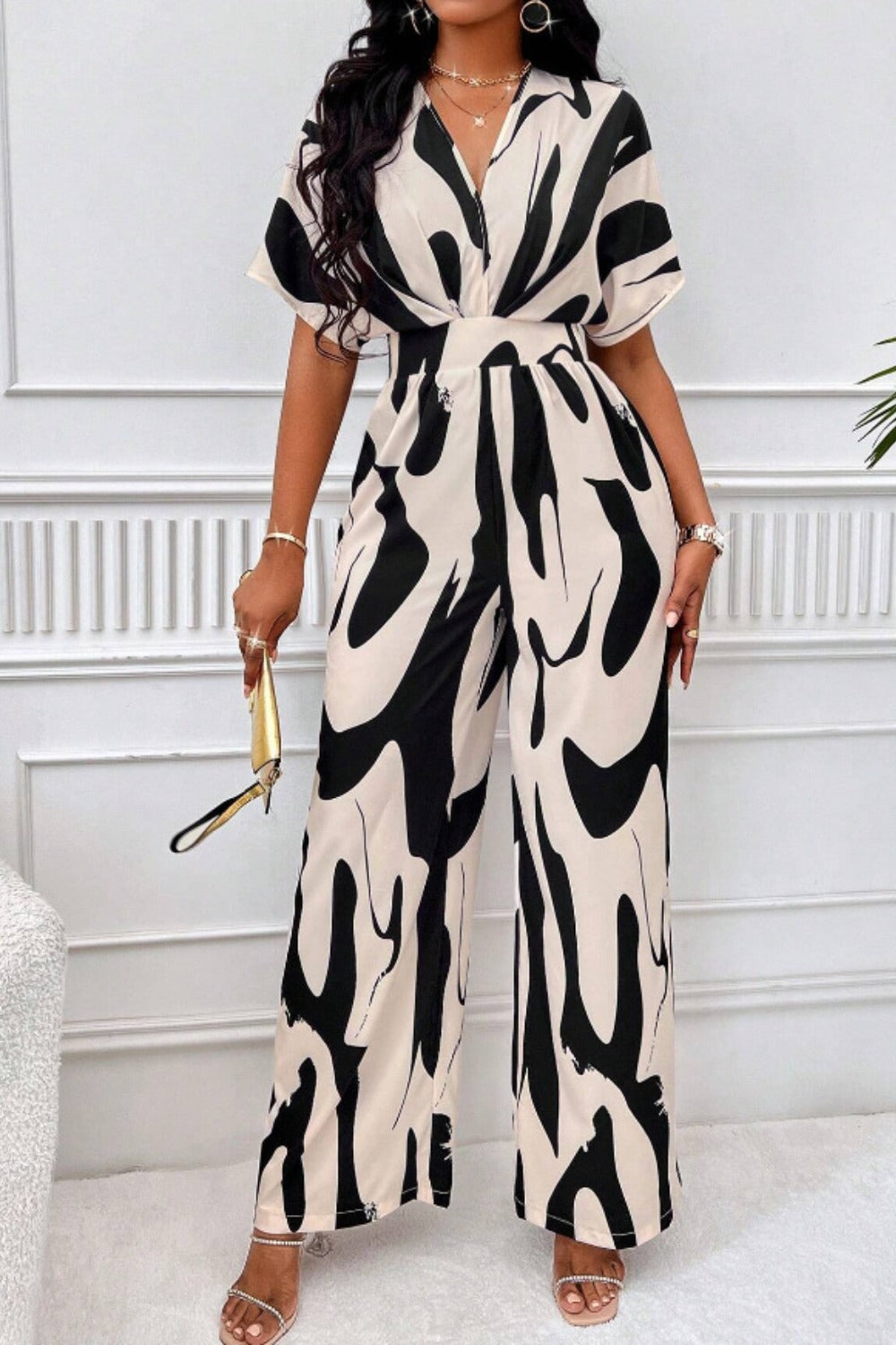 Women Printed V Neck Long Lantern Sleeves Lace Up Wide Leg Jumpsuit