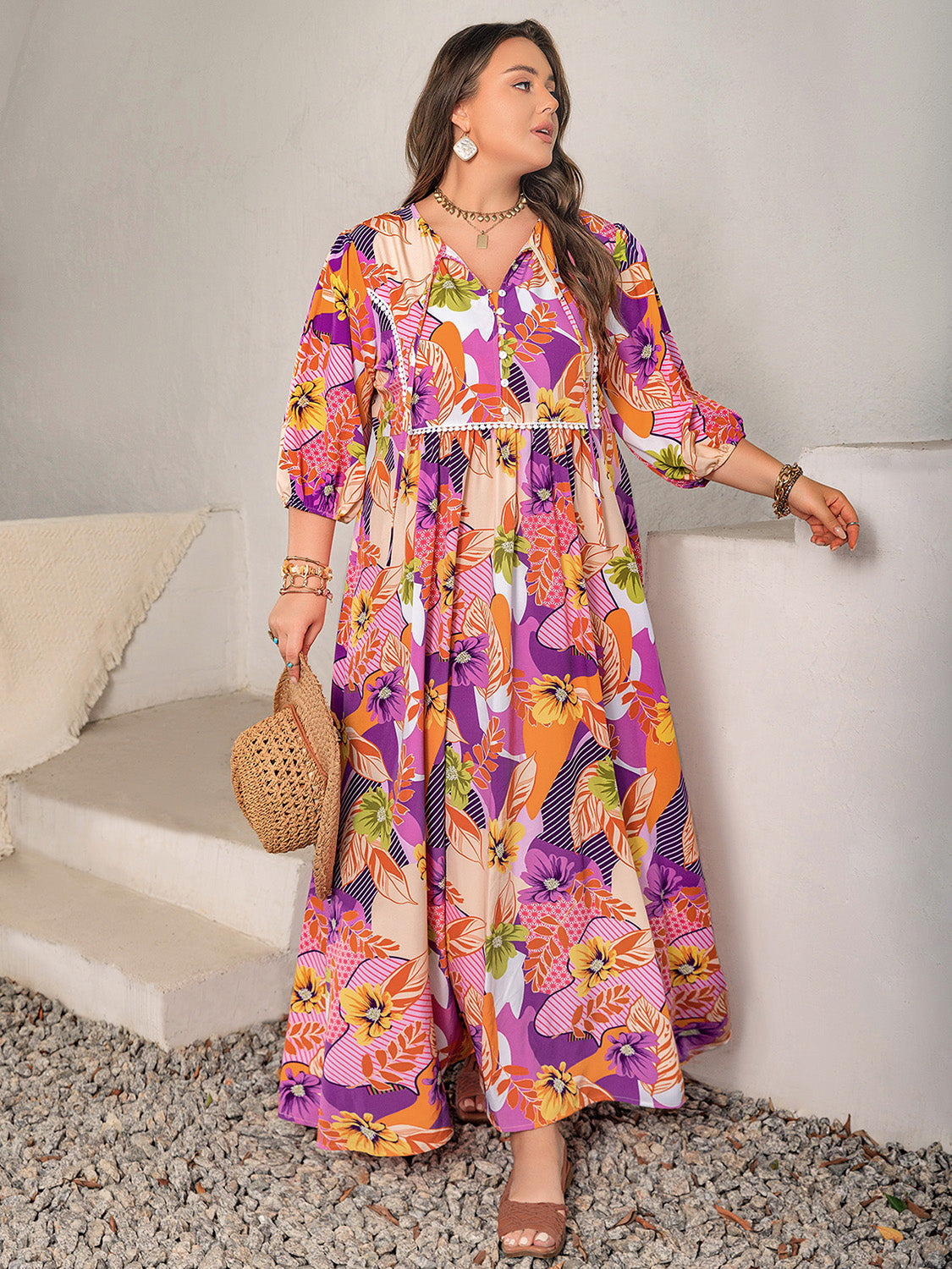 Women's Clothing Plus Size Printed Tie Neck Maxi Dress