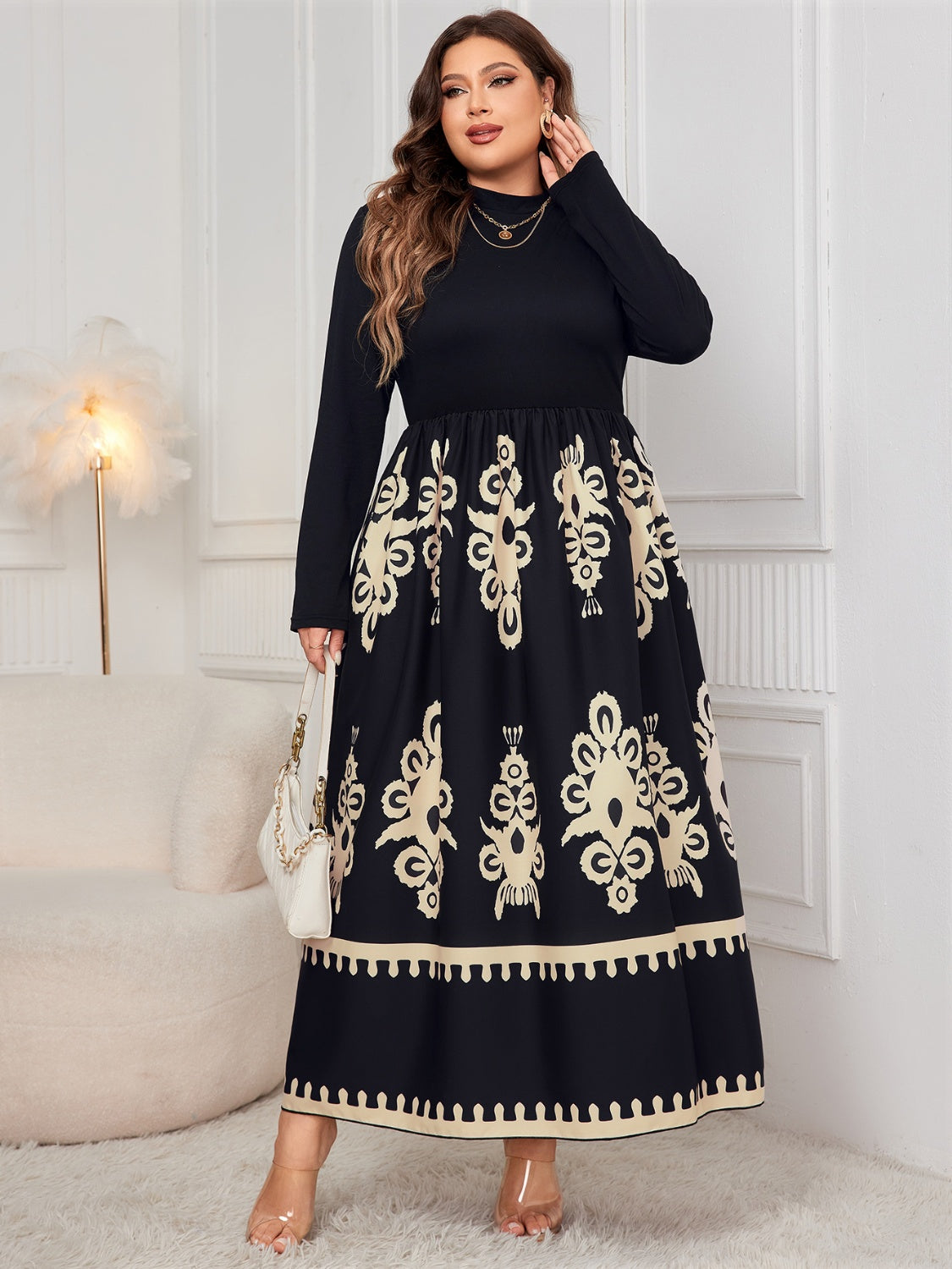 Plus Size Floral Embroidered Printed Mock Neck Long Sleeve Dress