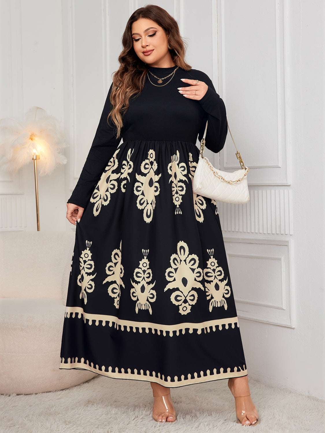 Plus Size Floral Embroidered Printed Mock Neck Long Sleeve Dress
