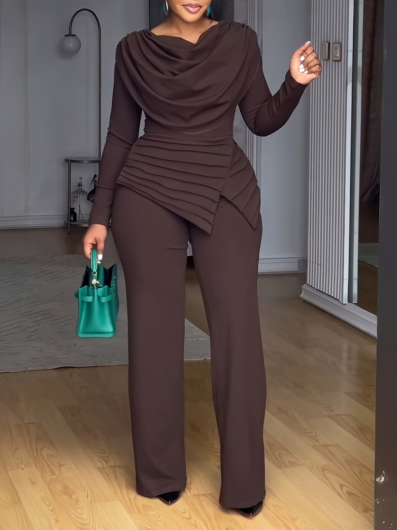 Casual Cinched Waist Zipper Back Straight Leg Jumpsuit with Cowl Neck