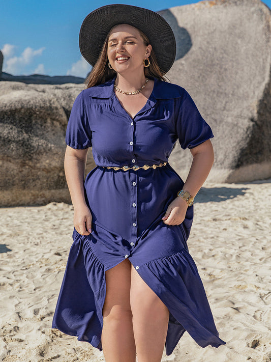Ladies Casual Plus Size Collared Neck Short Sleeve Midi Dress