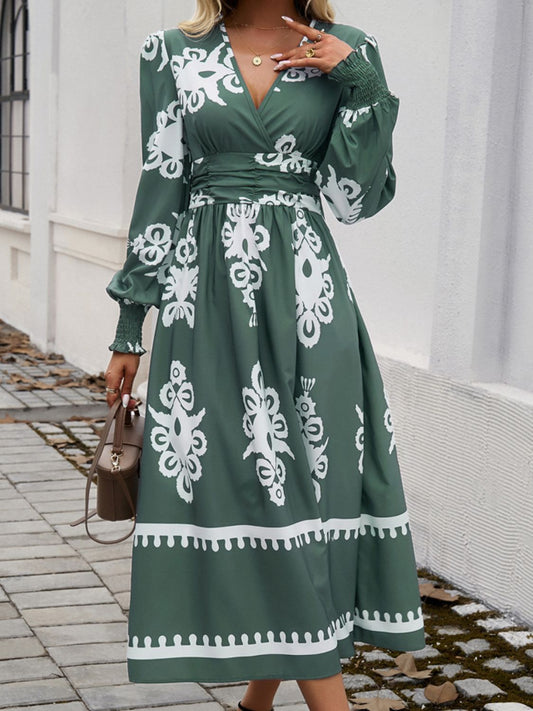 Printed Surplice Lantern Sleeve Midi Dress For Women