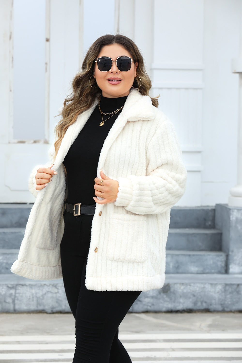 Women Plus Size Fuzzy Collared Neck Long Sleeve Jacket Sweater