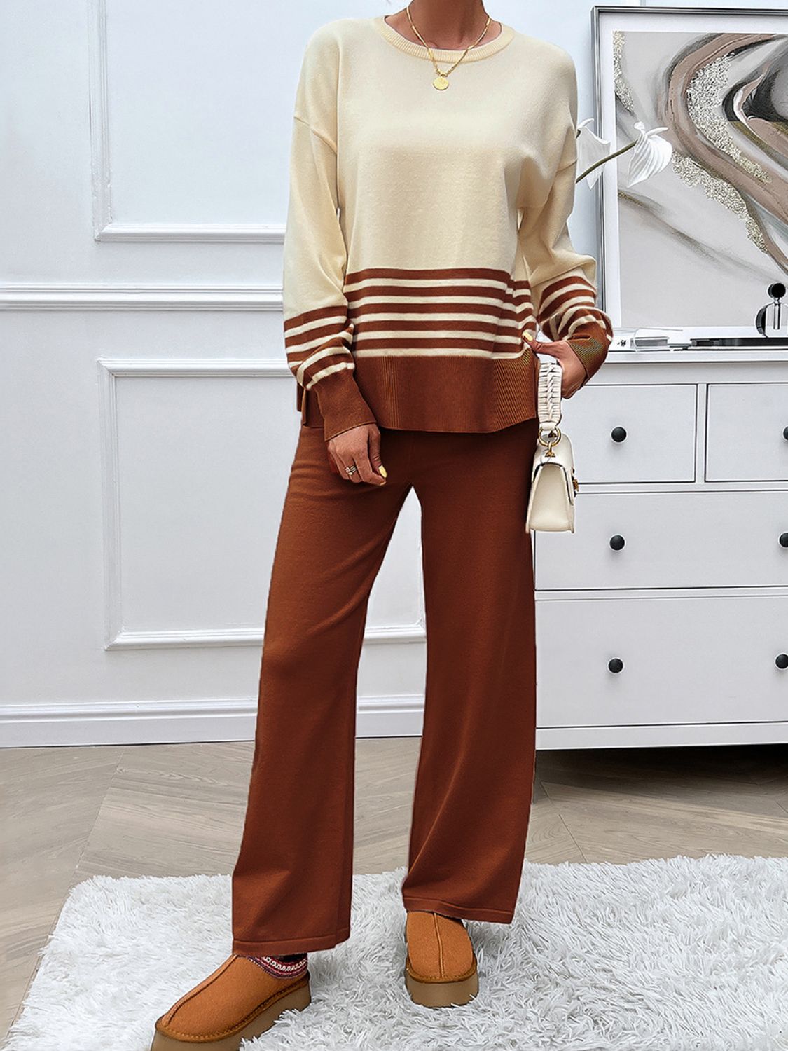 Women Dress Slit Striped Round Neck Top and Pants Sweater Set