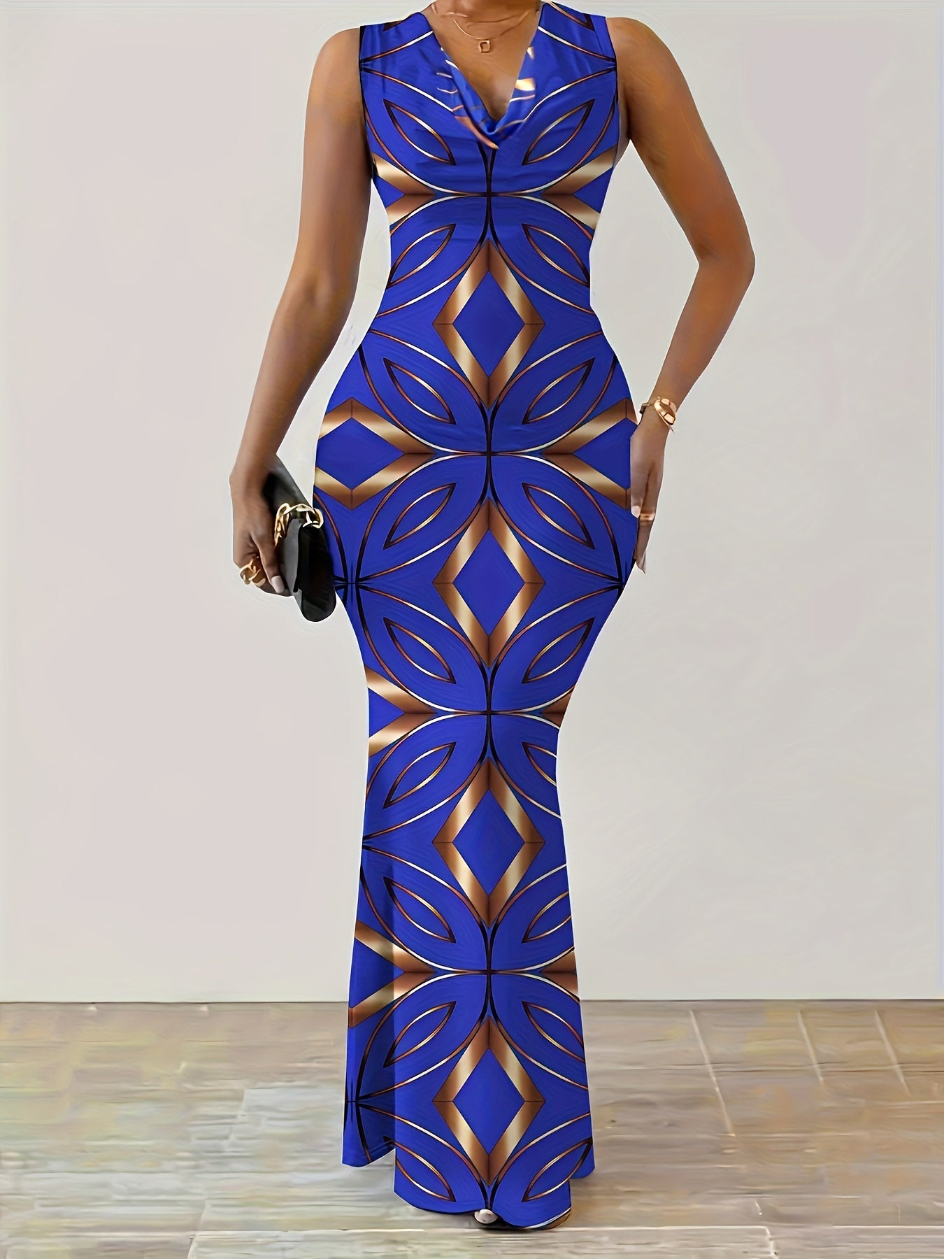 Long Sleeveless Geometric Print Maxi Tank Dress - Bodycon