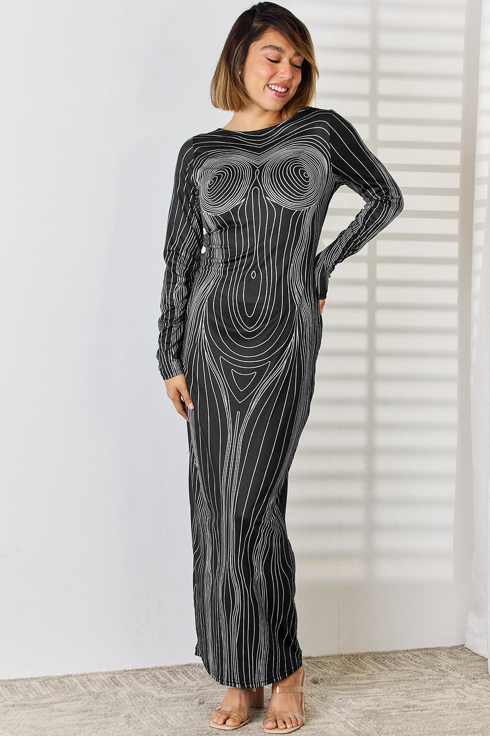 Women Fashion Cutout Round Neck Long Sleeve Maxi Dress