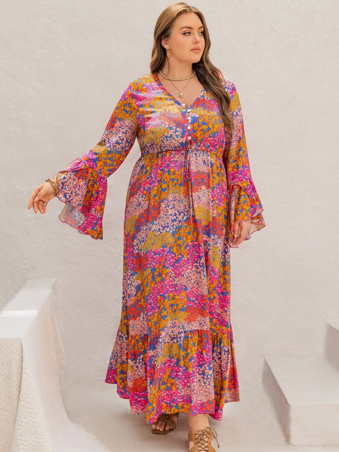 Elegant Women's Plus Size Printed V-Neck Long Sleeve Maxi Dress