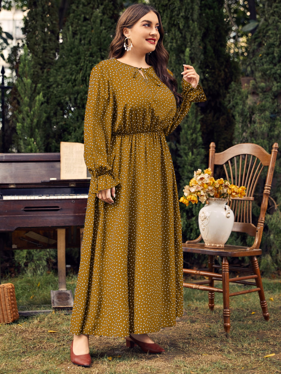Women Plus Size Ruffled Polka Dot Long Sleeve Midi Dress