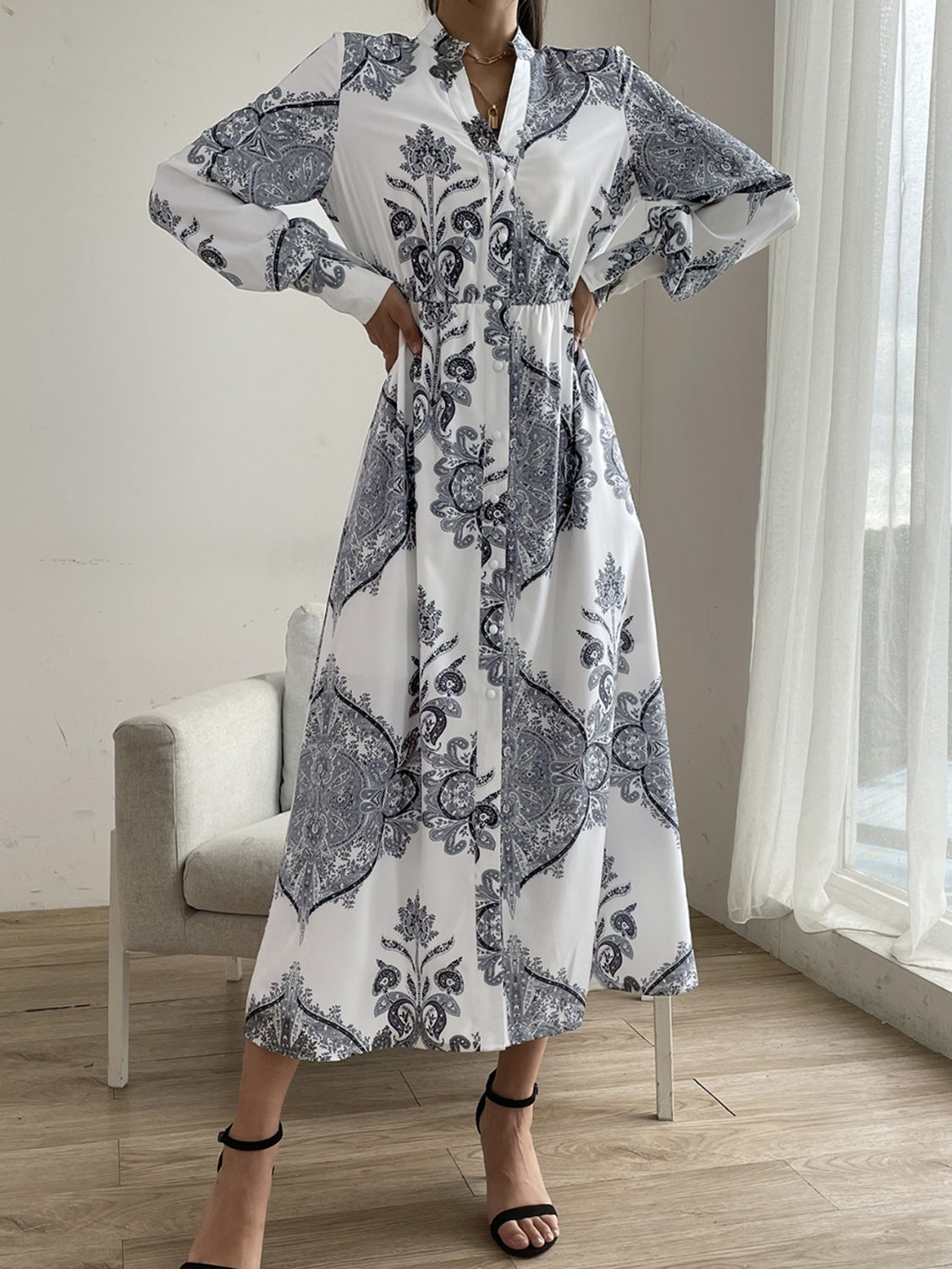 Women Casual Cocktail Printed Notched Lantern Sleeve Midi Dress