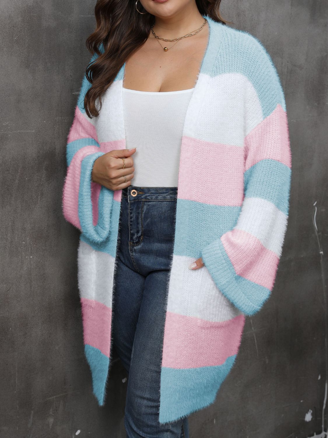 Plus Size Women Clothing Open Front Long Sleeve Cardigan Dress