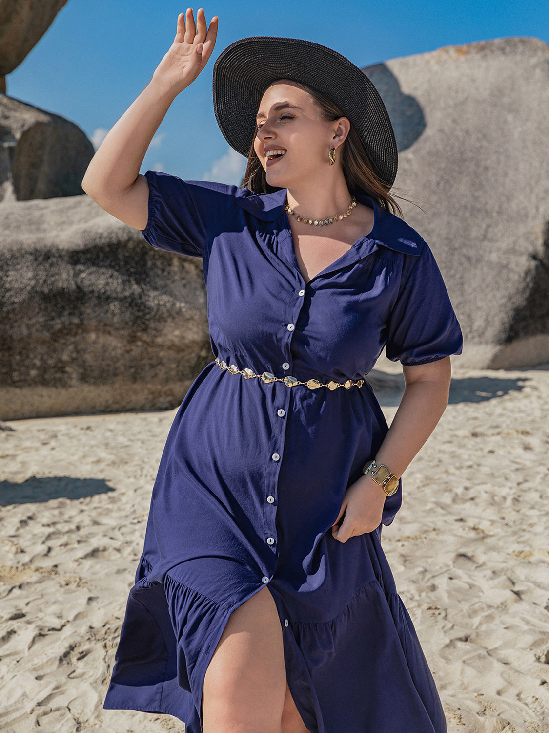 Ladies Casual Plus Size Collared Neck Short Sleeve Midi Dress
