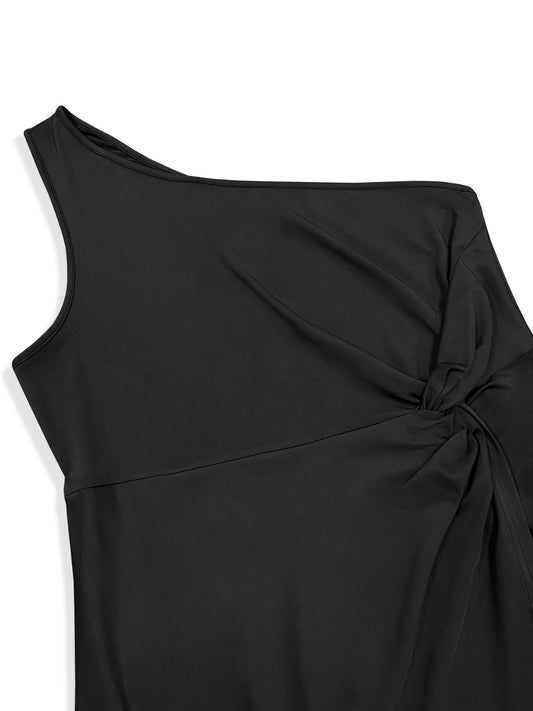 Plus Size Twisted One Shoulder Sleeveless Trim Bodycon Midi Dress