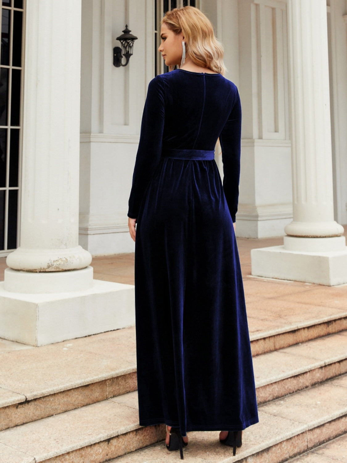 Cocktail Clothes Denim Tie Front Round Neck Long Sleeve Maxi Dress