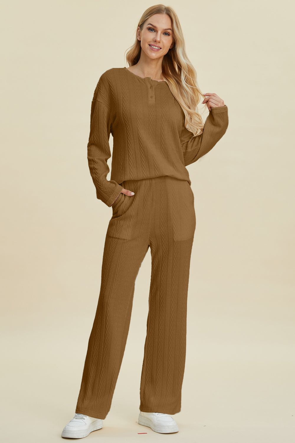 Women Cable-Knit 2 Pieces Outfits Long Sleeve Top and Pants Set