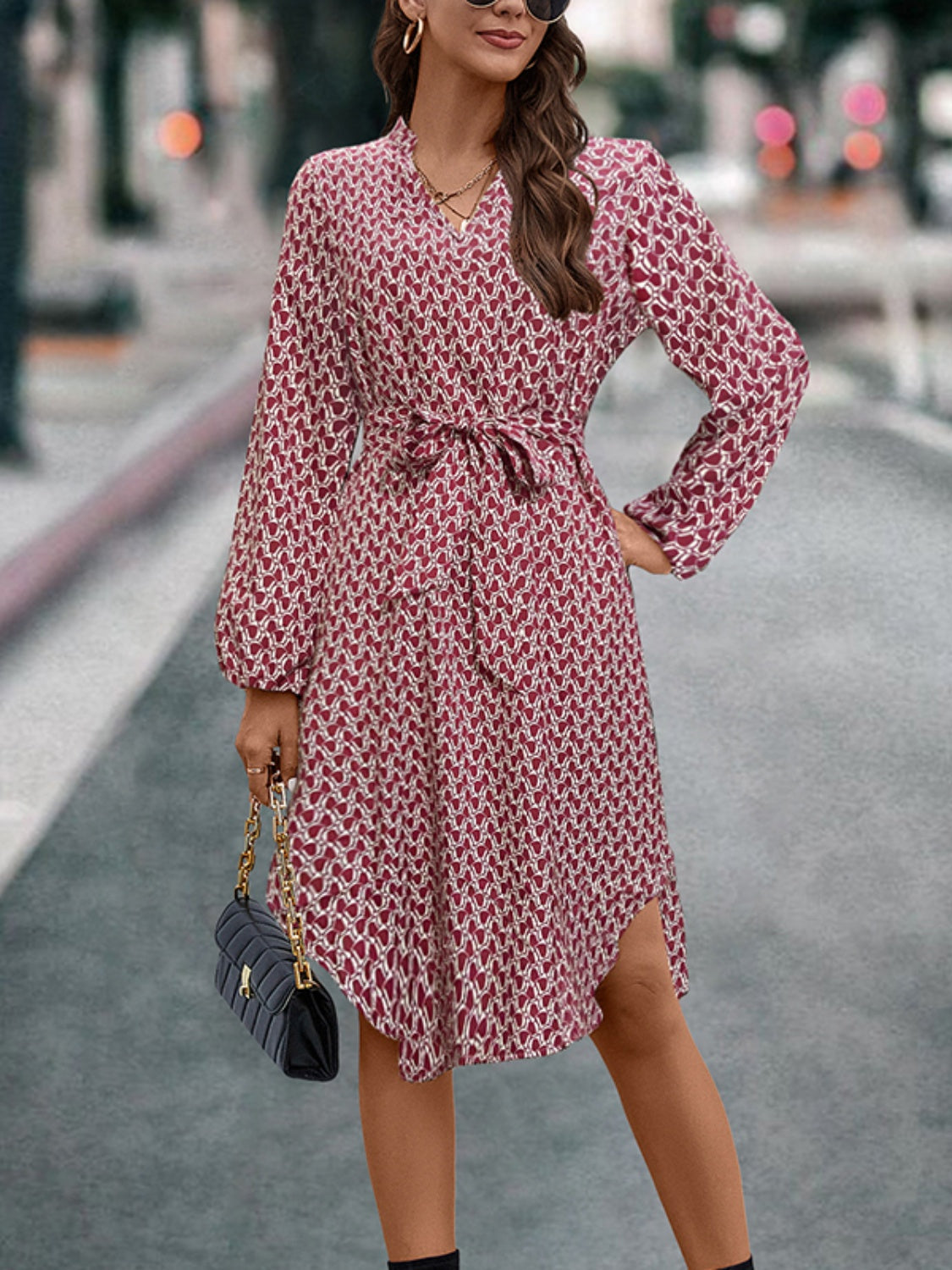Tied Printed Collared Neck Notched Balloon Sleeve Midi Dress