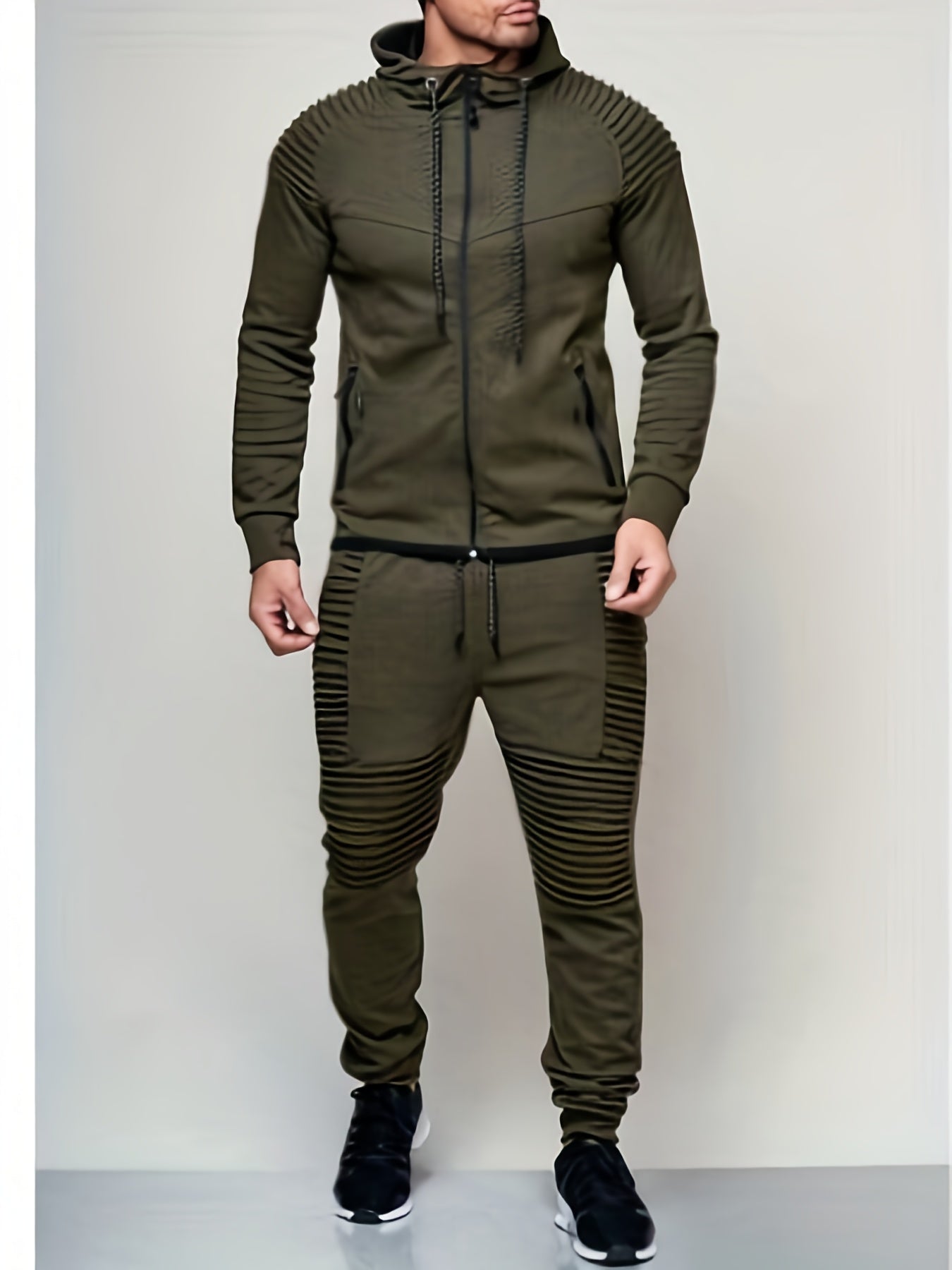 Men Casual Outfit Set, Hoodie Zip Pockets Top, Straps Pants, Sweatsuits