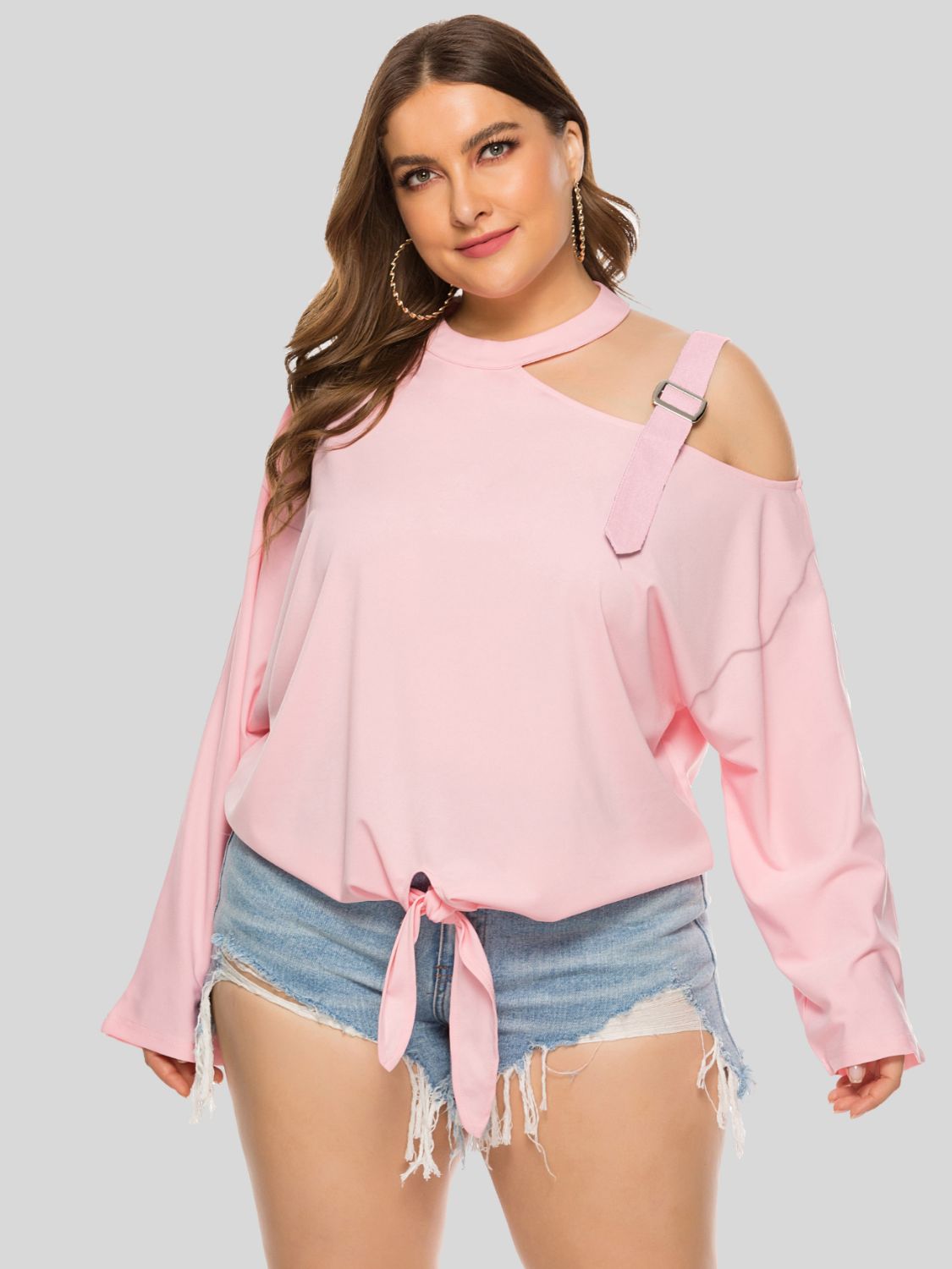 Plus Size Cold-Shoulder Blouse Tied Top Long Sleeve Women Casual Wear