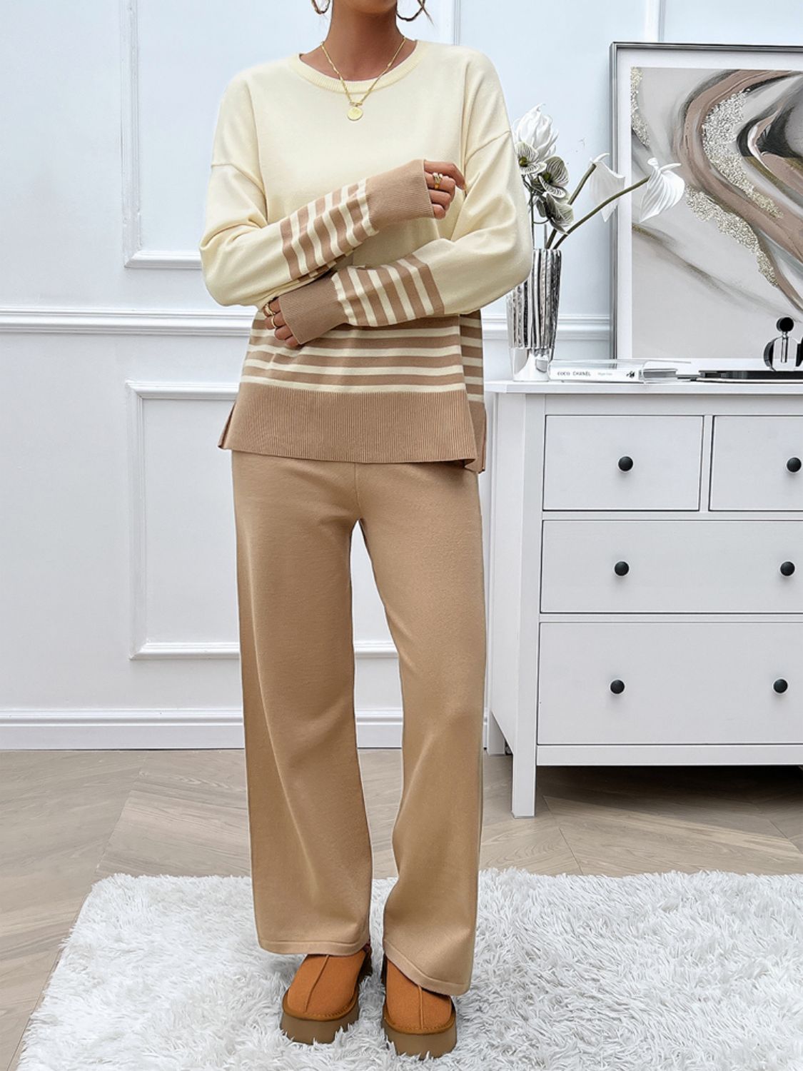 Women Dress Slit Striped Round Neck Top and Pants Sweater Set