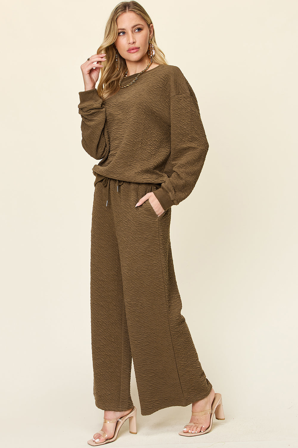 Two-piece Texture Long Sleeve Top and Pants Set dress for woman