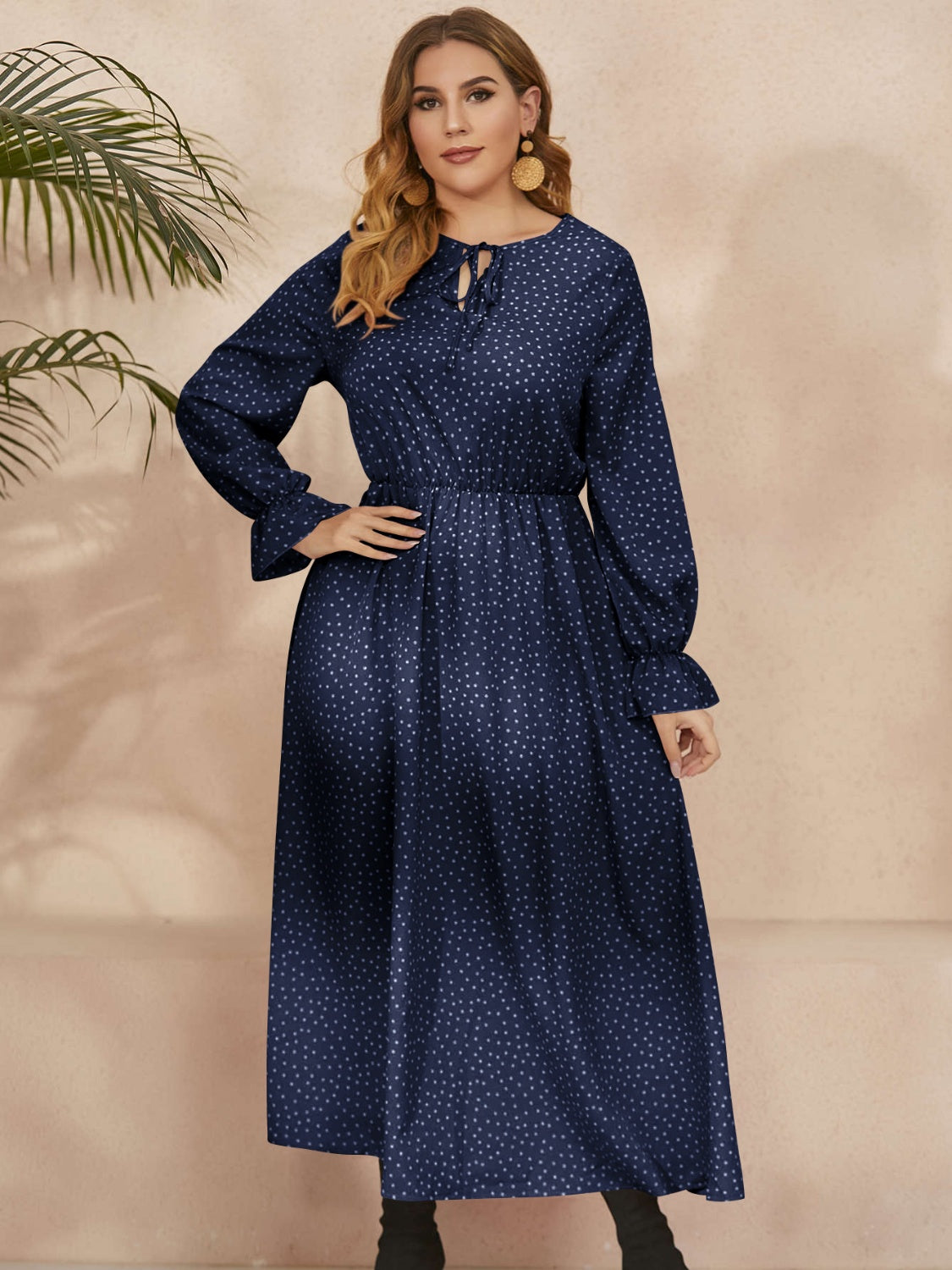 Women Plus Size Ruffled Polka Dot Long Sleeve Midi Dress