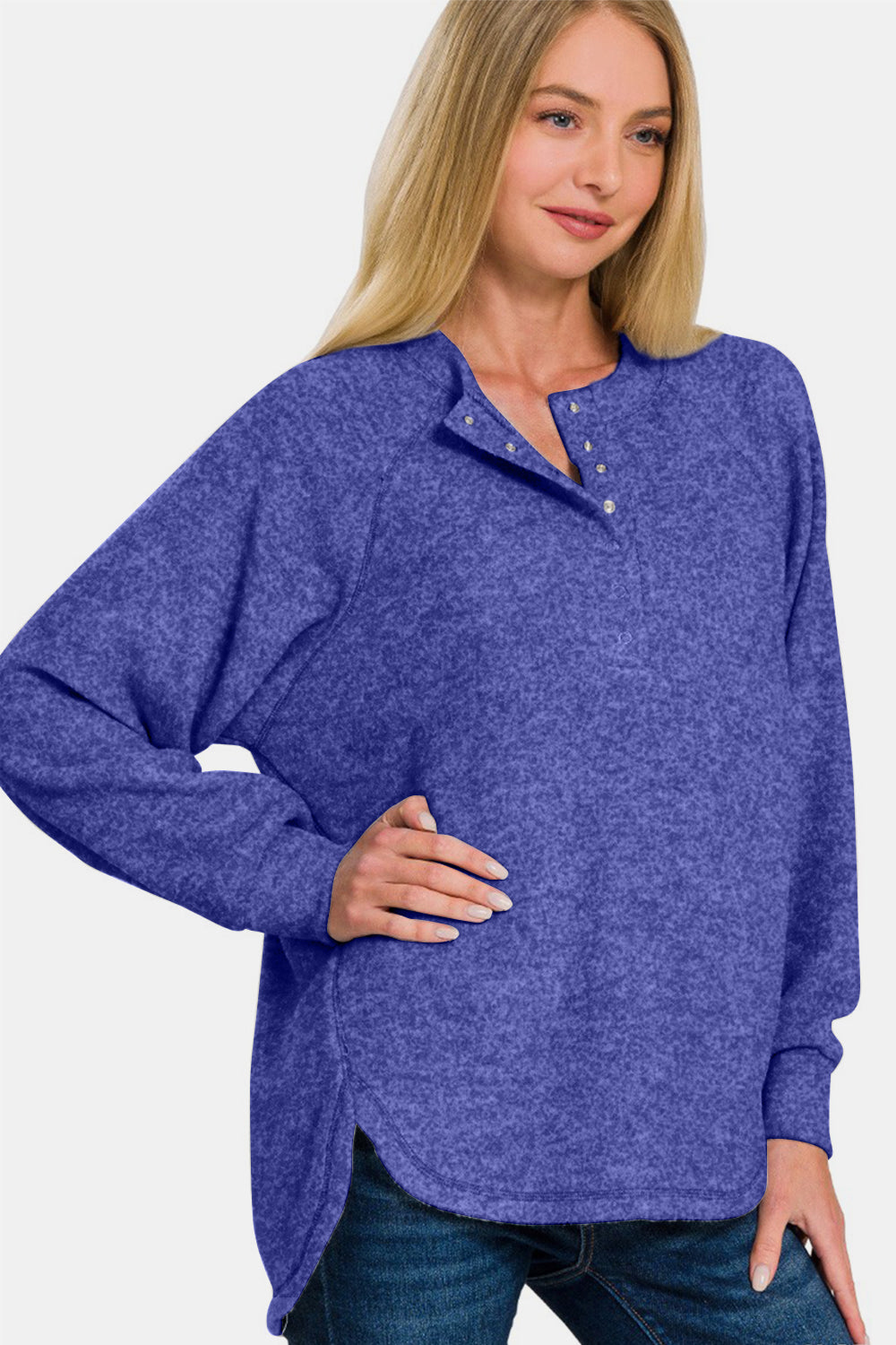 Full Size Brushed Hacci neck Gauze Top High-Low Sweater
