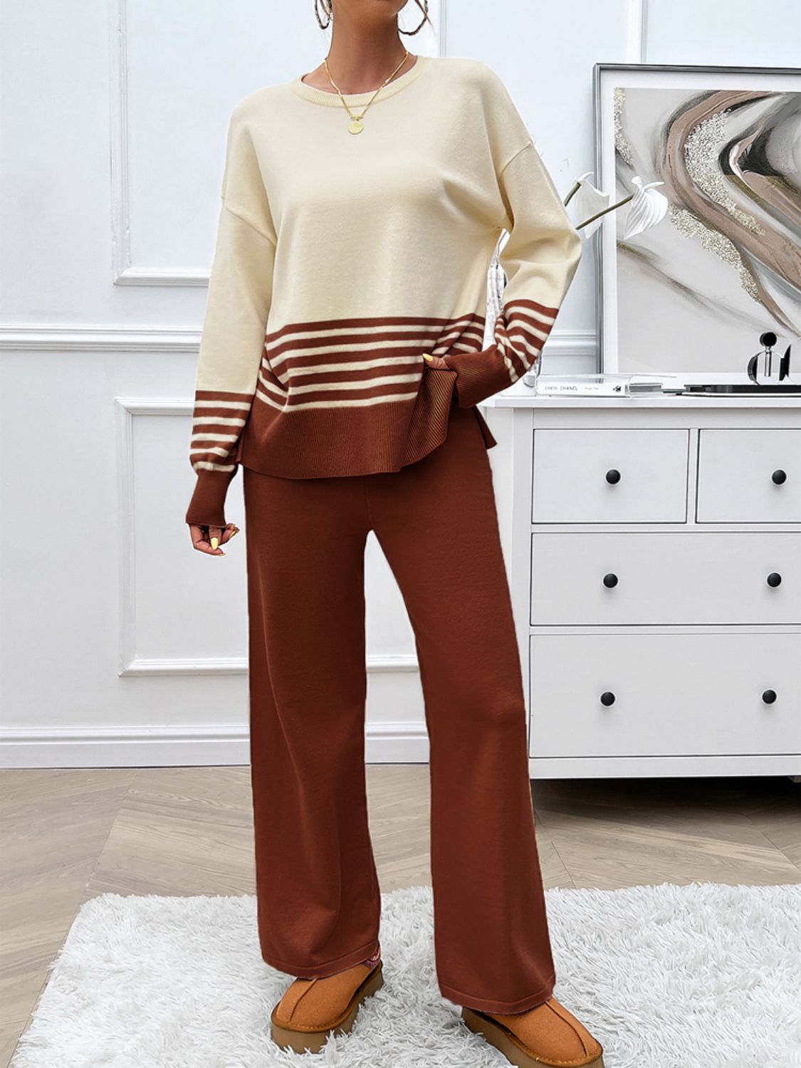 Women Dress Slit Striped Round Neck Top and Pants Sweater Set