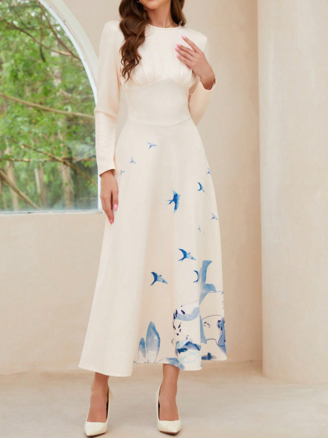 Printed Round Neck Long Sleeve Women's Casual Midi Dress