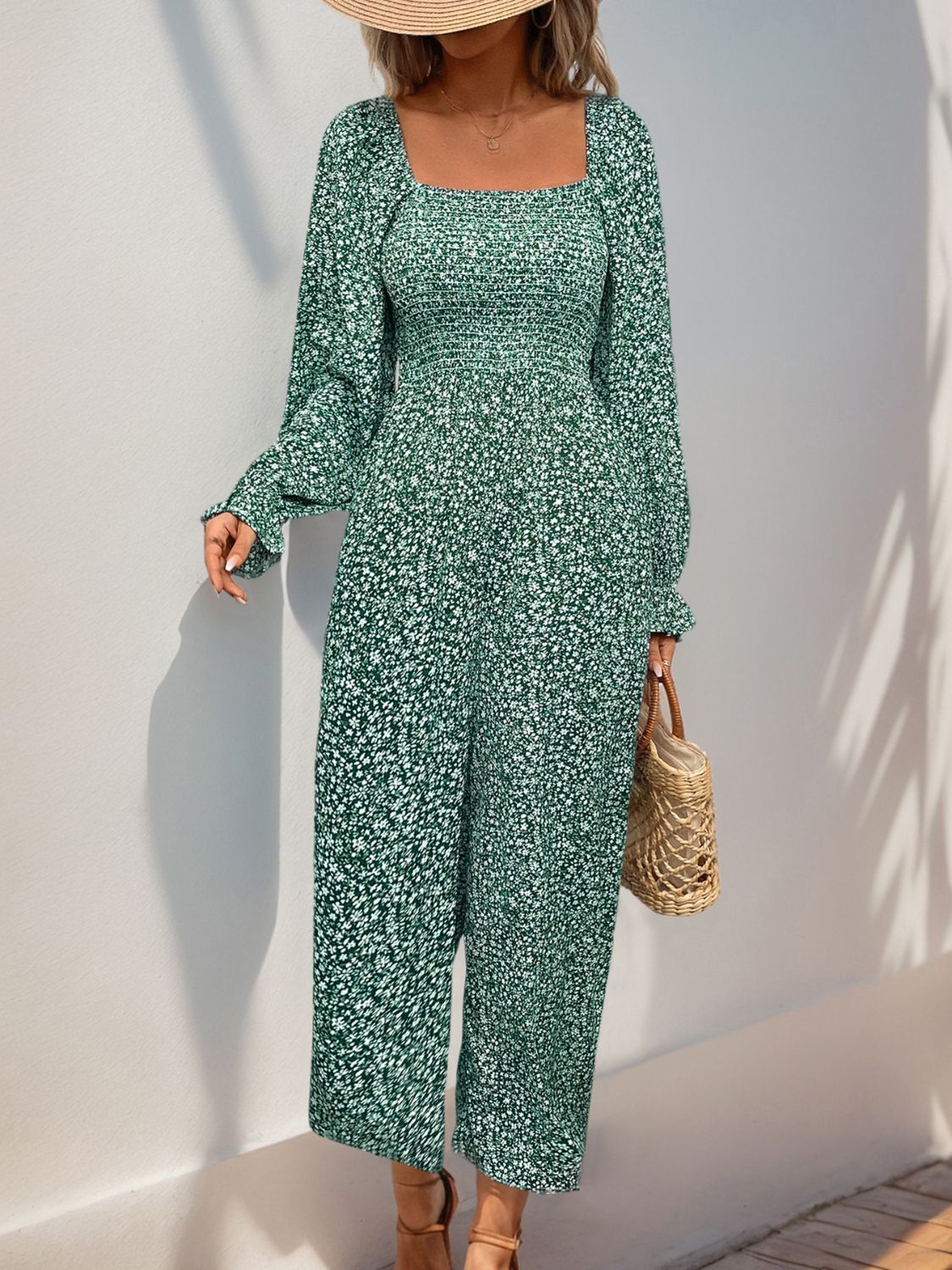 Casual Ladies Smocked Printed Long Sleeve Wide Leg Jumpsuit