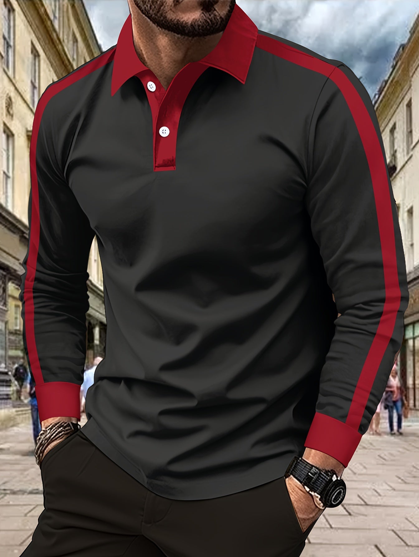 Elegant Men's Ribbed Shirt - Casual Long Sleeve, Button-Up Collar