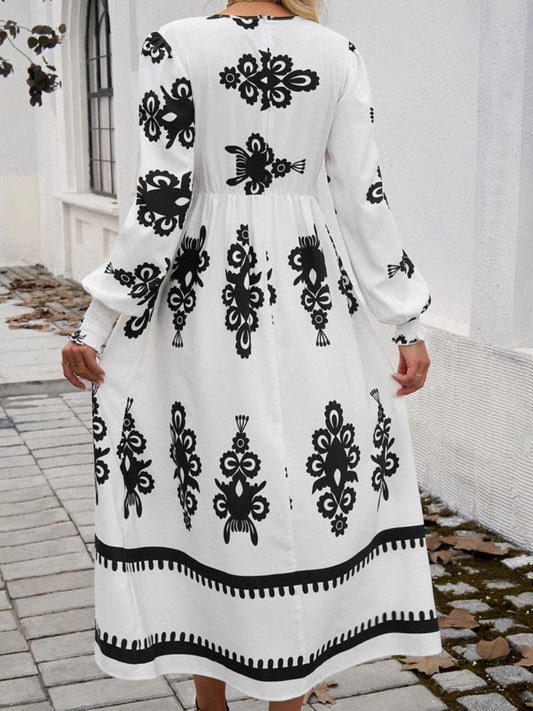 Printed Surplice Lantern Sleeve Midi Dress For Women