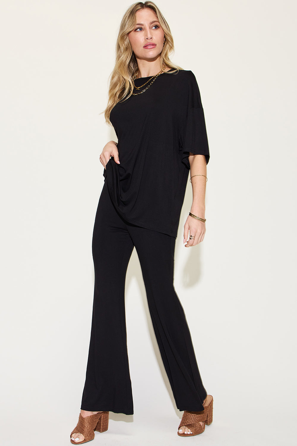 Women's Casual Two-Piece Set Drop Shoulder T-Shirt and Flare Pants