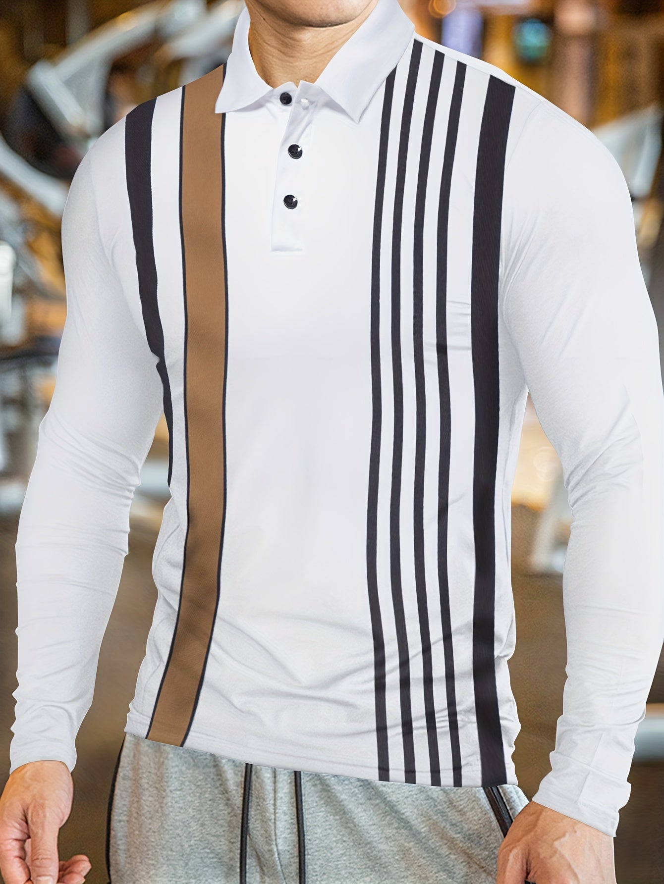 Classic Fit Striped Polo Shirt - Men's Long Sleeve Golf Shirt Wear