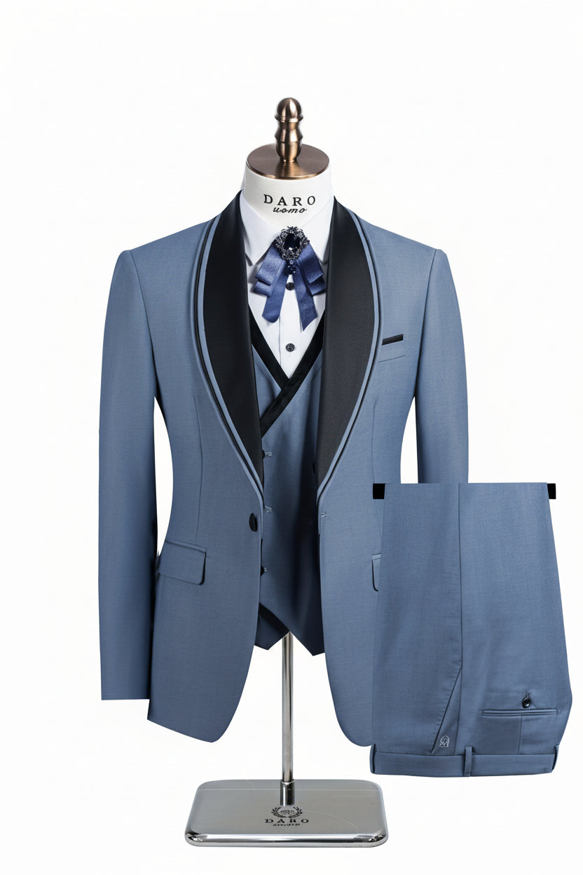 Blue men's suit on a mannequin with 'Black Smart' branding.