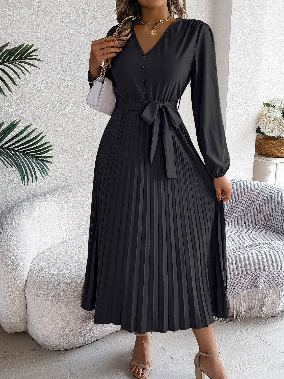 Women Pleated Tied V-Neck Long Sleeve Dress
