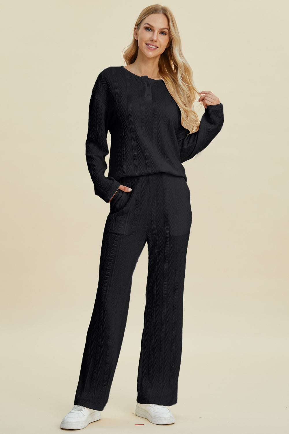 Women Cable-Knit 2 Pieces Outfits Long Sleeve Top and Pants Set