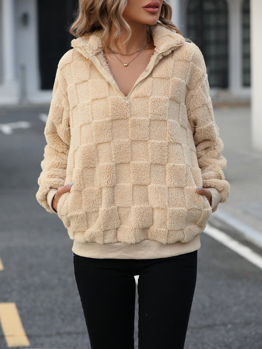 Fuzzy Quarter Zip Long Sleeve Sweatshirt Casual Warm and Cozy Wear