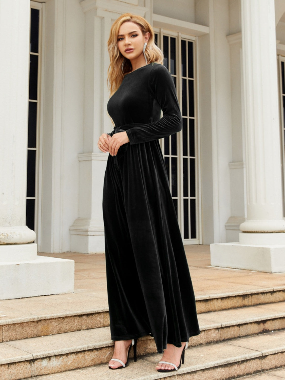Cocktail Clothes Denim Tie Front Round Neck Long Sleeve Maxi Dress