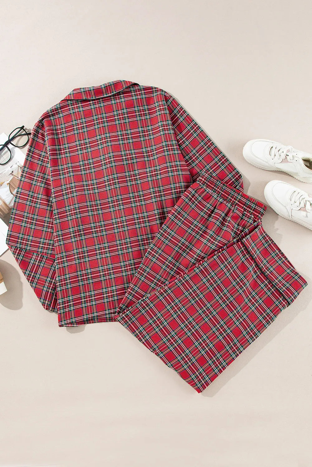 Ladies Pajamas Plus Size Plaid Collared Neck Top and Pants Lounge Set
